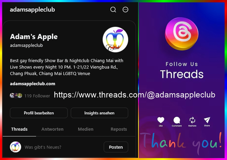ติดตามเราบน Threads - อดัมแอ๊ปเปิ้ลคลับเชียงใหม่ เกาะติดทุกความเคลื่อนไหวกับ "ไนท์คลับแห่งความสุข"! ได้ที่ @adamsappleclub