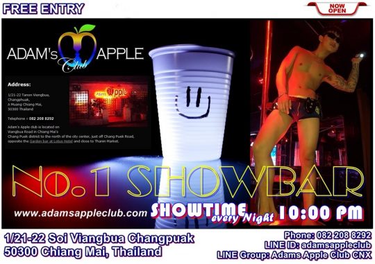 SHOWTIME every NIGHT 22:00 PM Adam's Apple Club Chiang Mai, Gay Bar Thailand FREE ENTRY Ladyboy Cabaret with Live shows