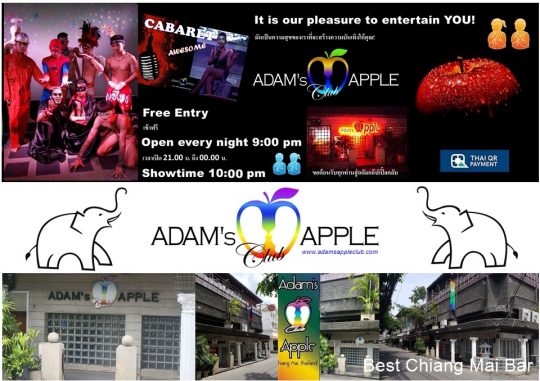 Best Bar in Chiang Mai Adam's Apple Club Chiang Mai gay friendly Venue. This unique Bar OPEN every Night 9:00 PM and the Show START 10:00 PM