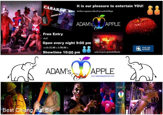 Best Bar Chiang Mai Adams Apple Club open every day 9pm and have Live Shows 22 pm, the ENTRY is FREE LGBT visitors welcome