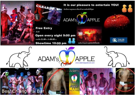Best Bar Chiang Mai Adams Apple Club open every day 9pm and have Live Shows 22 pm, the ENTRY is FREE LGBT visitors welcome