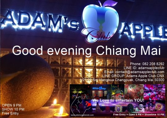 Good evening Chiang Mai Nightlife and Nightclub Thailand. Adams Apple Club is open every evening from 9 p.m. and Show start 10 p.m.