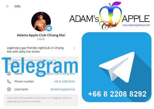 Join us on Telegram - Adams Apple Club Chiang Mai. You are welcome to make a reservation on Telegram. Or call us or send us a message.