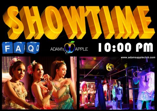 Showtime Adams Apple Club Chiang Mai Gay Bar Thailand. Our show starts every evening of the week at 10pm and everyone is very welcome!