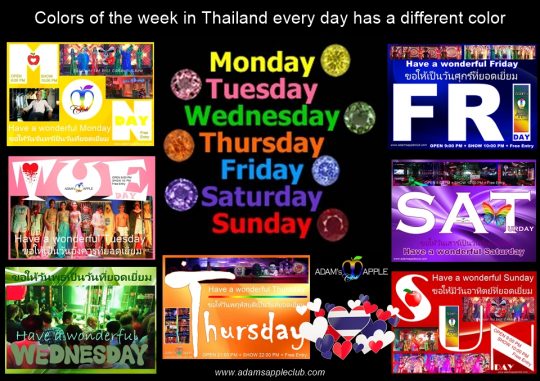 Colors of the week in Thailand every day has a different color. These colors are often reflected in clothing, ceremonies, and even birthday