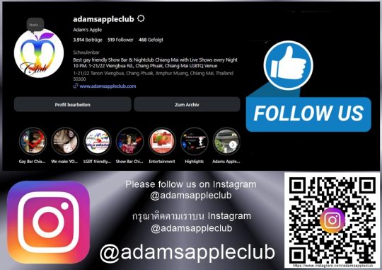 Stay connected on Instagram Adam’s Apple Club in Chiang Mai Follow us for the newest photos, reels, and stories.