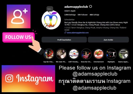 Stay connected on Instagram Adam’s Apple Club in Chiang Mai Follow us for the newest photos, reels, and stories.
