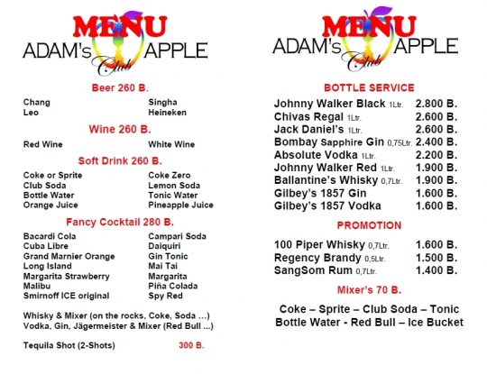 Beverage Menu Adams Apple Club Chiang Mai, here you can get an overview of the drinks we serve at our LGBT Nightclub