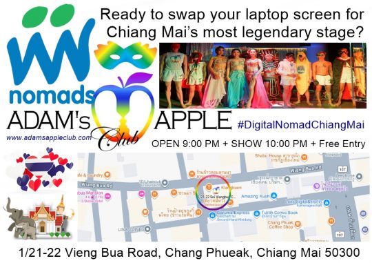 Digital Nomads CNX welcome - Adam's Apple Club Chiang Mai Friendly vibes, amazing drinks, and unforgettable entertainment await you tonight!
