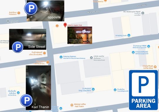 Parking at Adams Apple Club Chiang Mai Thailand As you can see, there are plenty of options. Drive over tonight